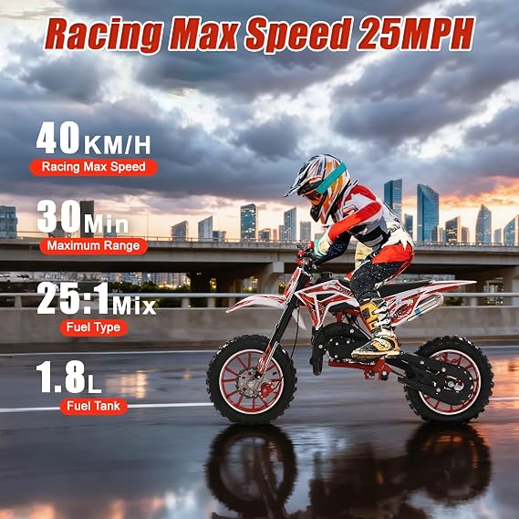 50cc Dirt Bike for Adults & Kids, 2-Stroke Mini Bike Gas Powered Off Road Motorbike Motorcycle Motorcross with Speeds up to 25 MPH for Uphill and Off-Road for Youth Riders, Support 330IBS Red