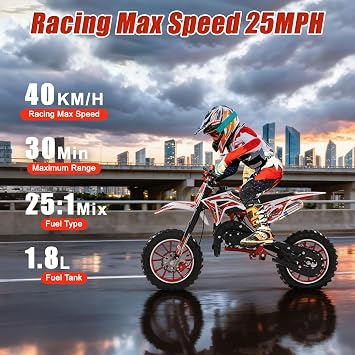 50cc Dirt Bike for Adults & Kids, 2-Stroke Mini Bike Gas Powered Off Road Motorbike Motorcycle Motorcross with Speeds up to 25 MPH for Uphill and Off-Road for Youth Riders, Support 330IBS Red