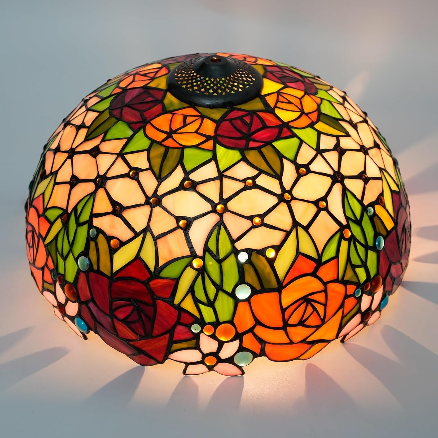 Tiffany Stained Glass Lamp Shade 16 Inch Vibrant Roses Ceiling Light Shade Dome Vintage Large Replacement Lampshade for Floor Lamps Table Lamp Pendant Light Home Office Deco