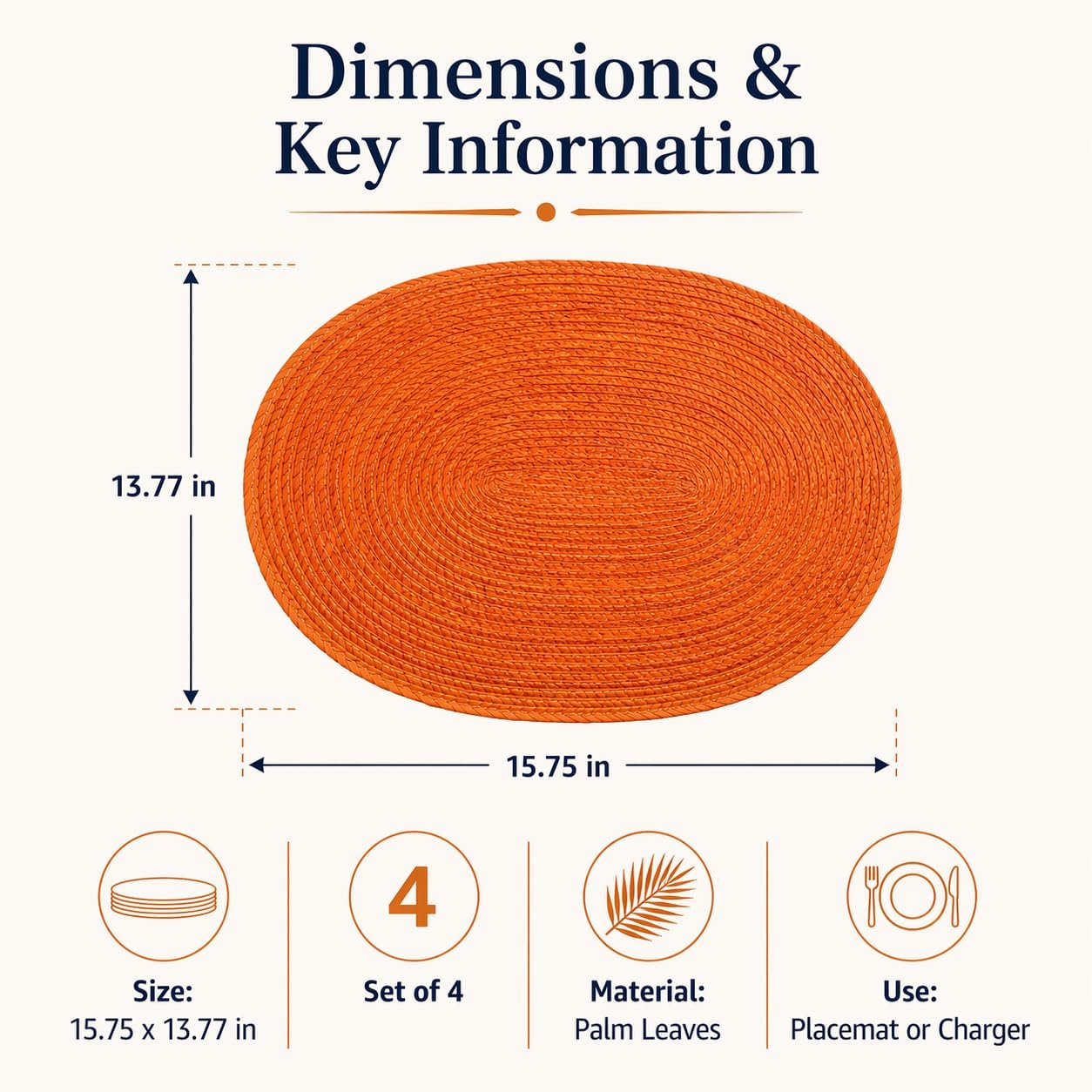Orange Woven Placemats Set of 4, Handmade Mexican Palm Leaf Table Mats, Braided & Reversible Oval Chargers, Easy to Wipe Clean, Indoor/Outdoor Dining (15.75 x 13.77 in) - Mantel Ovalado Naranja