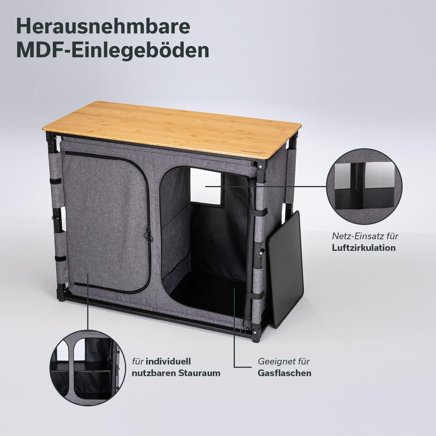 Skandika Campingschrank Triabo |Bambus Arbeitsplatte, Outdoor-Schrank faltbar, 4 Fächer mit festen Einlegeböden, unterteilbar, Tragetasche, Campingküche | Camping Zubehör, Outdoor Küche, Zelt