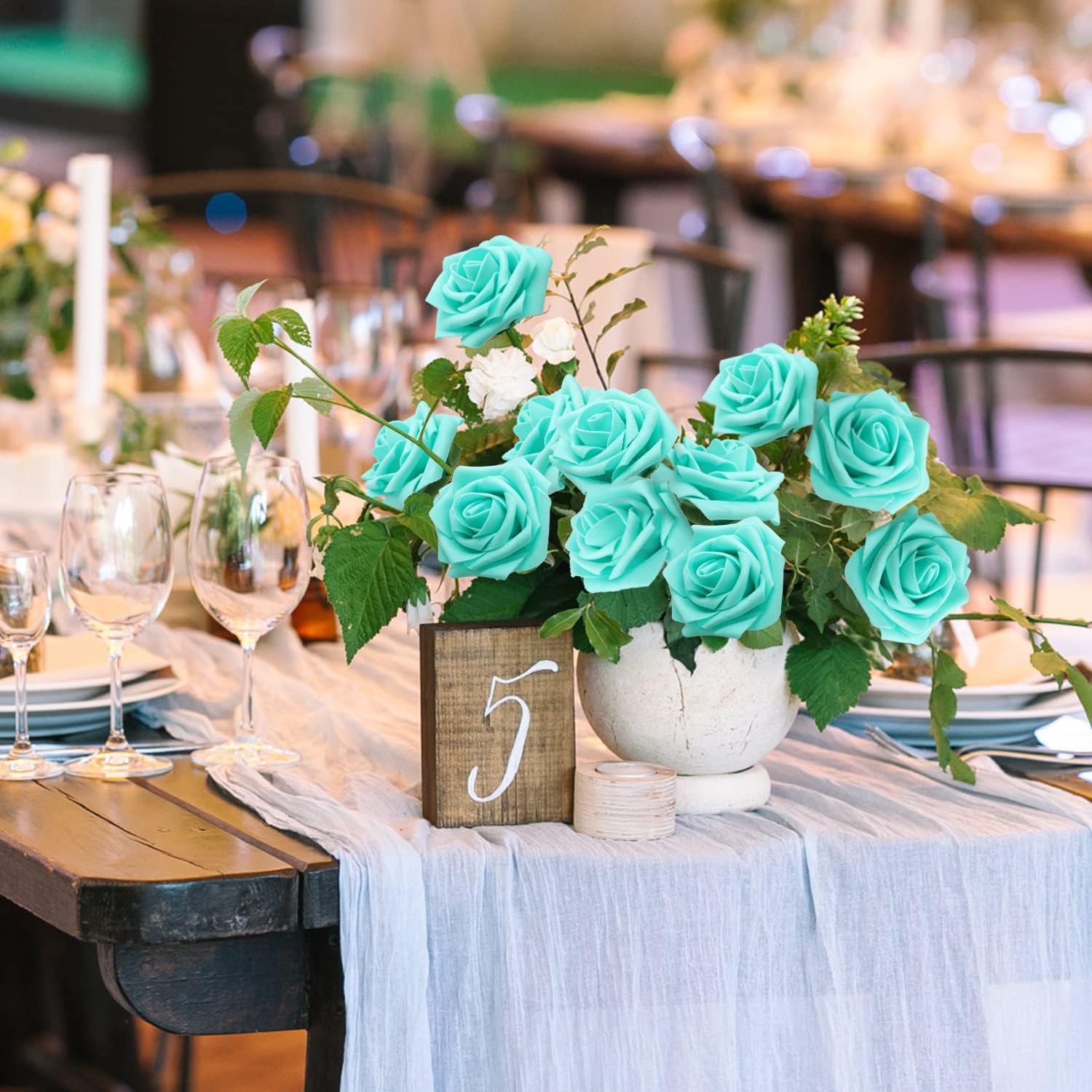 JOYLEX Artificial Flowers Realistic Roses, 50pcs Real Looking Fake Roses with Stem for DIY Wedding Bouquets Centerpieces Bridal Shower Party Home Romantic Decorations (Turquoise) - Image 4