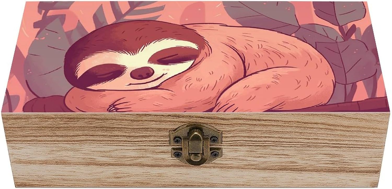 Wooden Box Wood Storage Box Trinket Box Anime Style Sloth Printed Storage Boxes with Lids for Souvenirs And Jewelry
