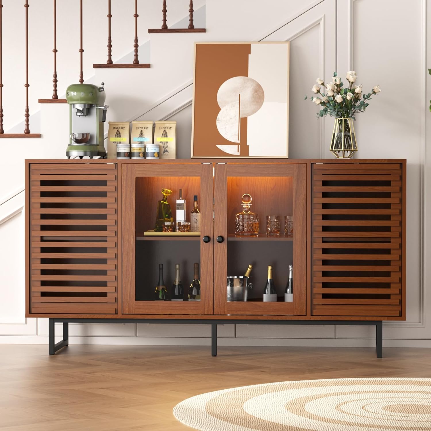 FiveWillowise 58.3" Buffet Cabinet with Storage, Mid Century Modern Cabinet with Grille Striped Doors and LED Light, Coffee Bar Cabinet for Living Room, Kitchen, Walnut