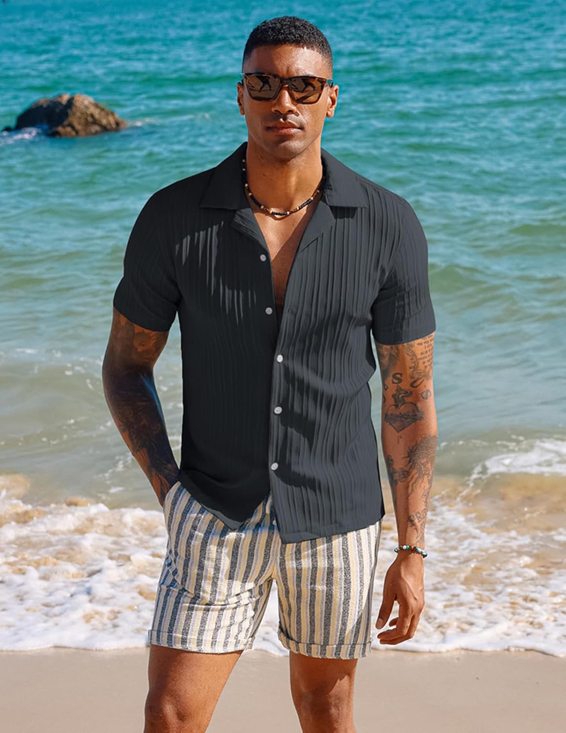 PJ PAUL JONES Men's Casual Button Down Shirts - Short Sleeve Summer Textured Beach Wrinkle-Free Shirts - Image 2