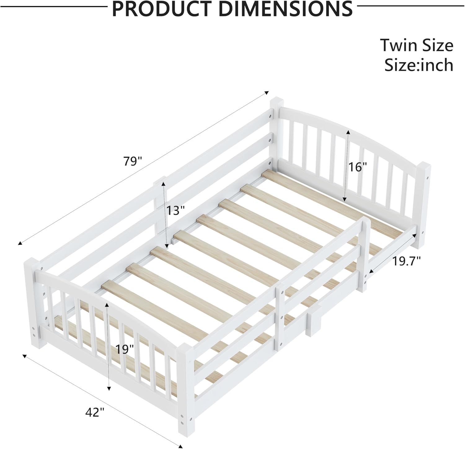 Montessori Twin Floor Bed with Railings, Solid Wood Twin Size Montessori Floor Bed with Fence and Without Door, Easy Assemble Kids Beds for Girls and Boys, White