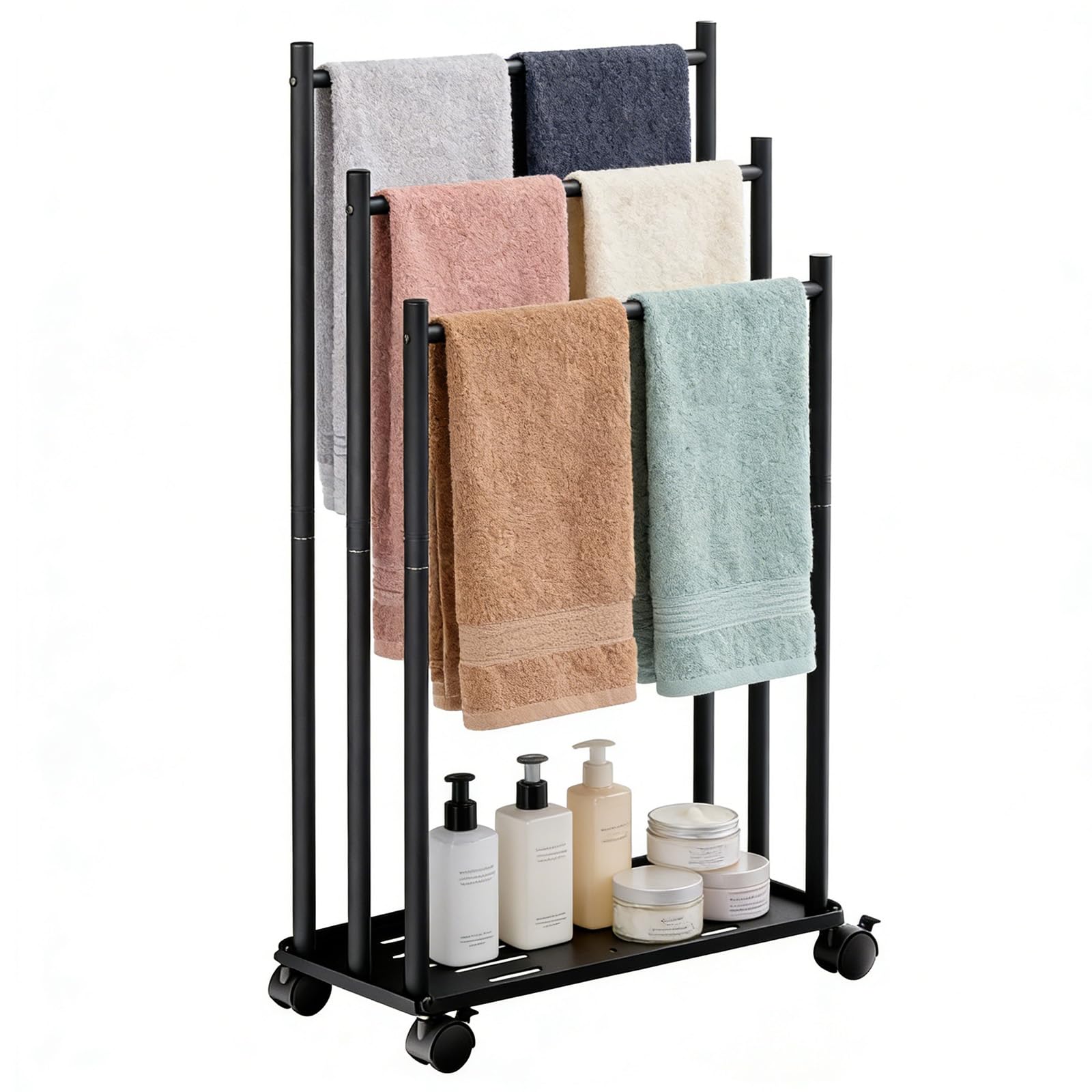 Toallero de Pie de 3 Niveles, Toallero Escalera con Estante y Ruedas, Ahorra Espacio, Material Metálico, Toallero de Piscina para Exteriores, para Baños, Salón, Negro