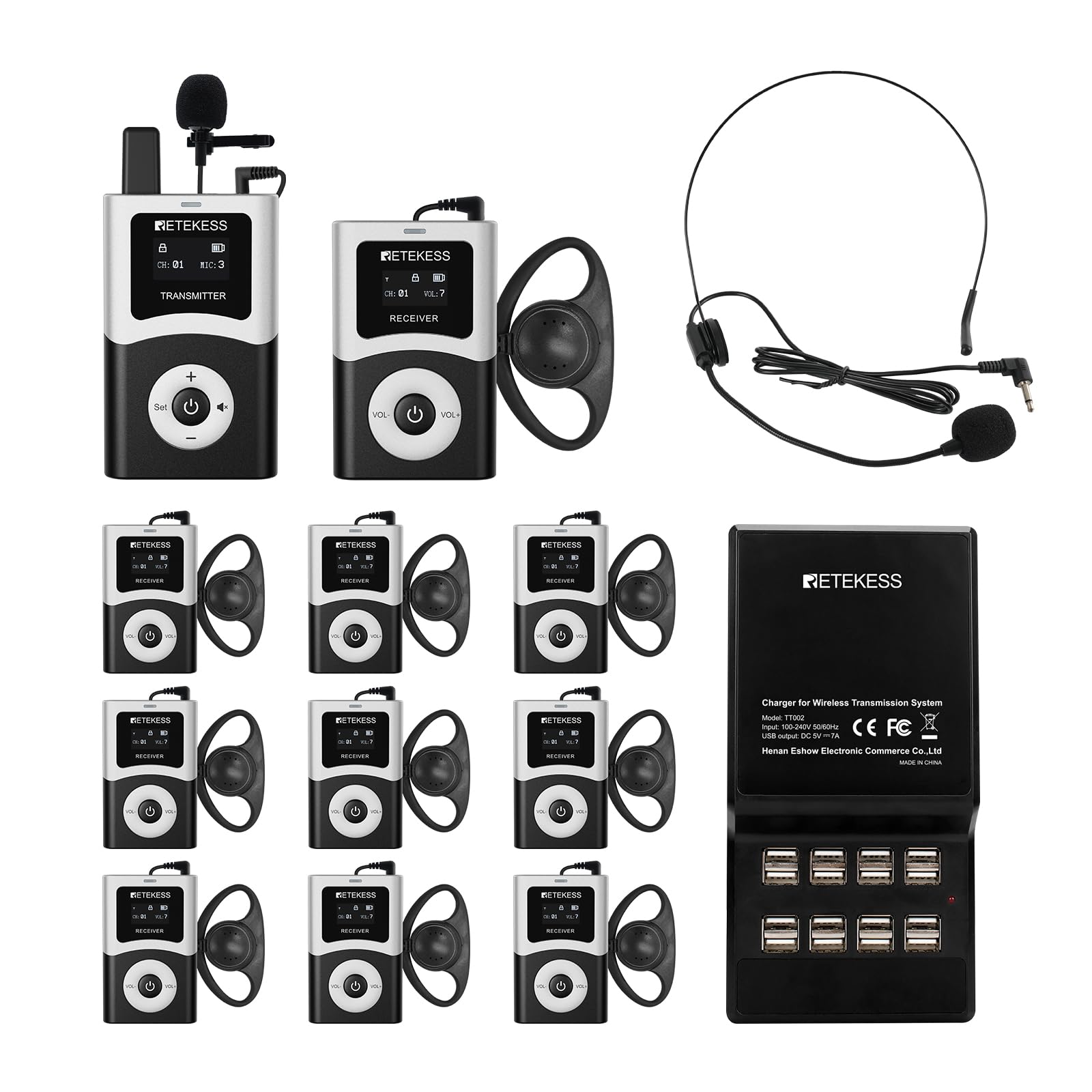 Retekess T130U(4nd Gen T130) Audio Tour Guide System, Tour Guide Headsets for Both Ear, 200m, 16 USB Charging Ports, Easy Operation, Translation
