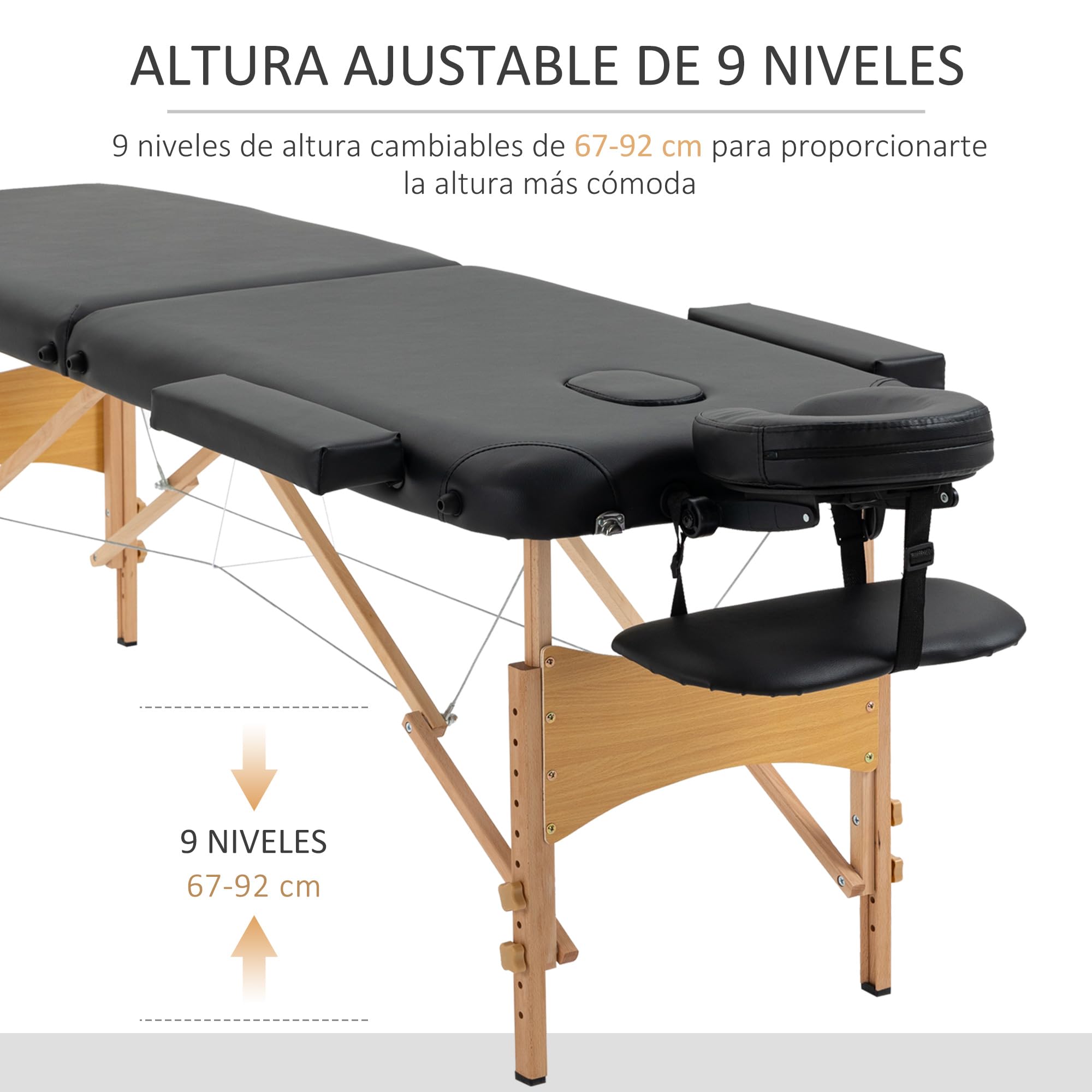 HOMCOM Camilla de Masaje Plegable 210x81 cm Camilla Estética Profesional con Reposacabezas Extraíble 2 Zonas Asa y Marco de Madera con Altura Regulable y Bolsa de Transporte Negro