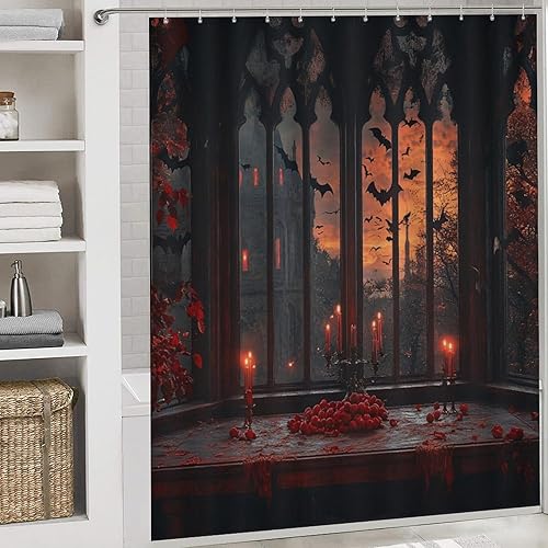 Miniatura 5 de Juego de 4 cortinas de ducha con velas de murciélago de Halloween, 4 cortinas de ducha de fantasía gótica oscura para baño con alfombras, cubierta