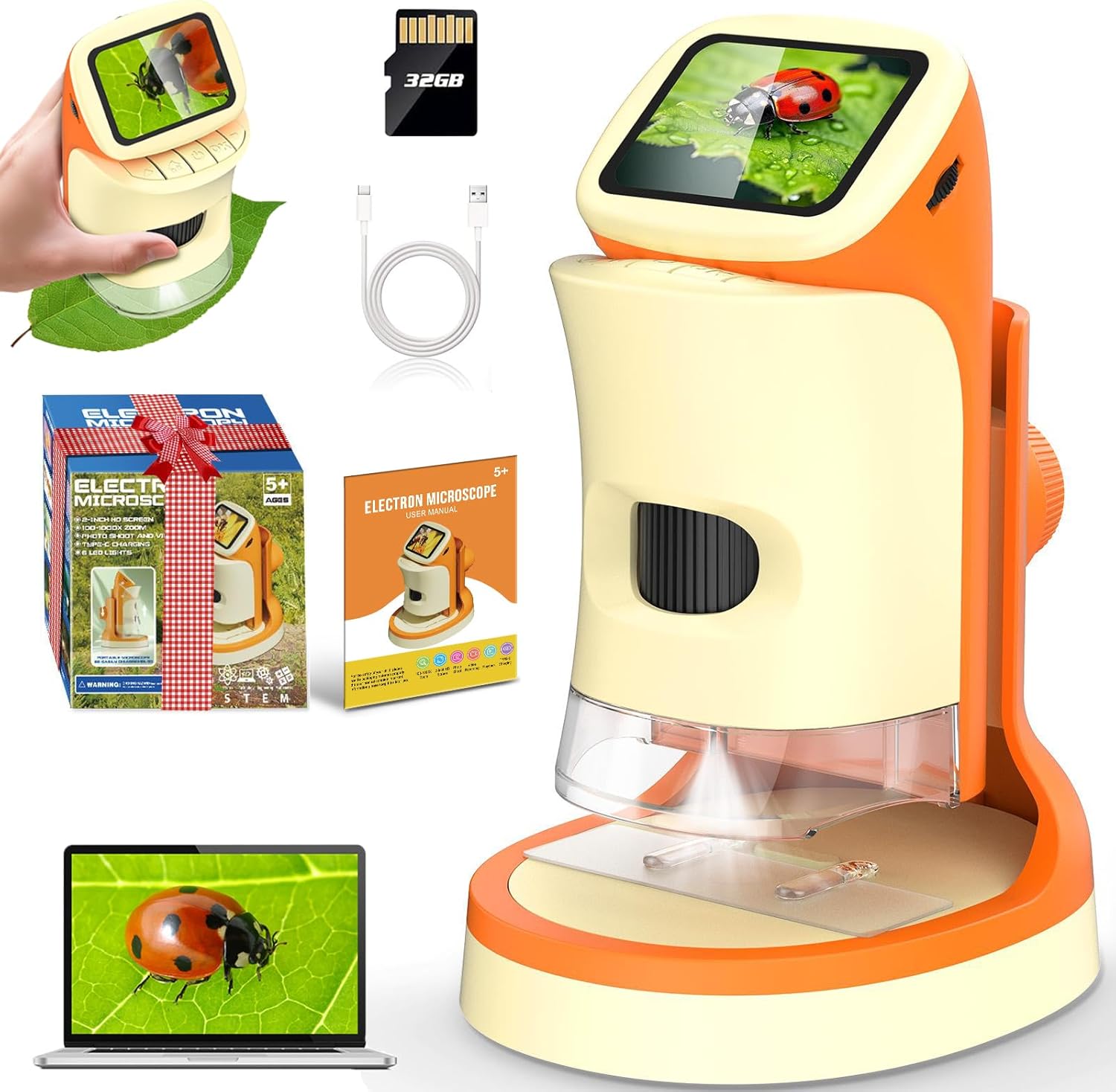 Microscope for Kids, 1000X 1080P Kids Microscope Handheld w/Full Color Manual, Pocket Digital Microscopes 8-12, Portable STEM Educational Toys Science for 5-7 Grandkids Students