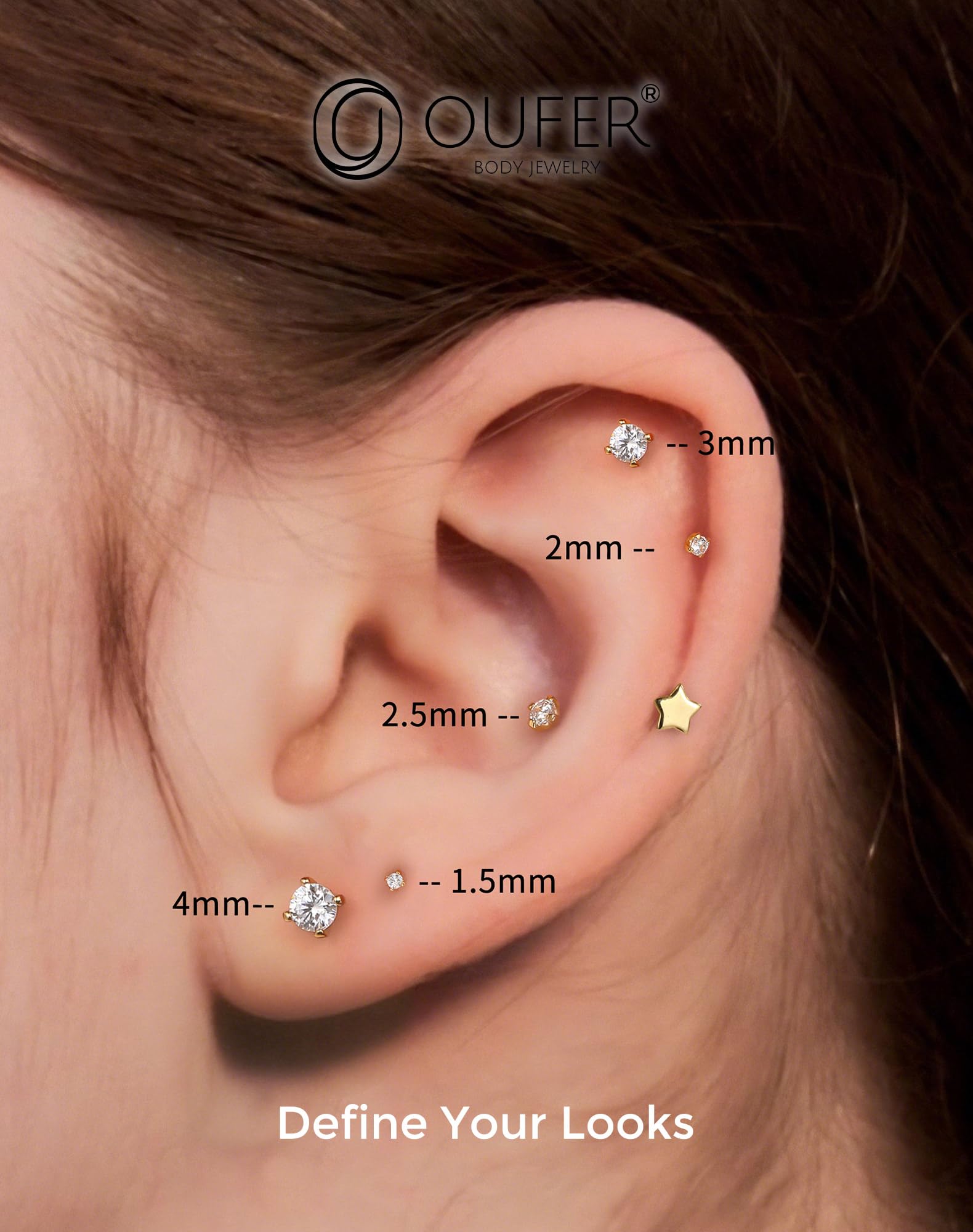 OUFER Body Piercing Threadless 14K Gold Lip Piercing Jewellery Push In Helix Earrings Piercing 16G Cartilage Earring Tragus Conch Piercing Jewellery Labret Stud Bar