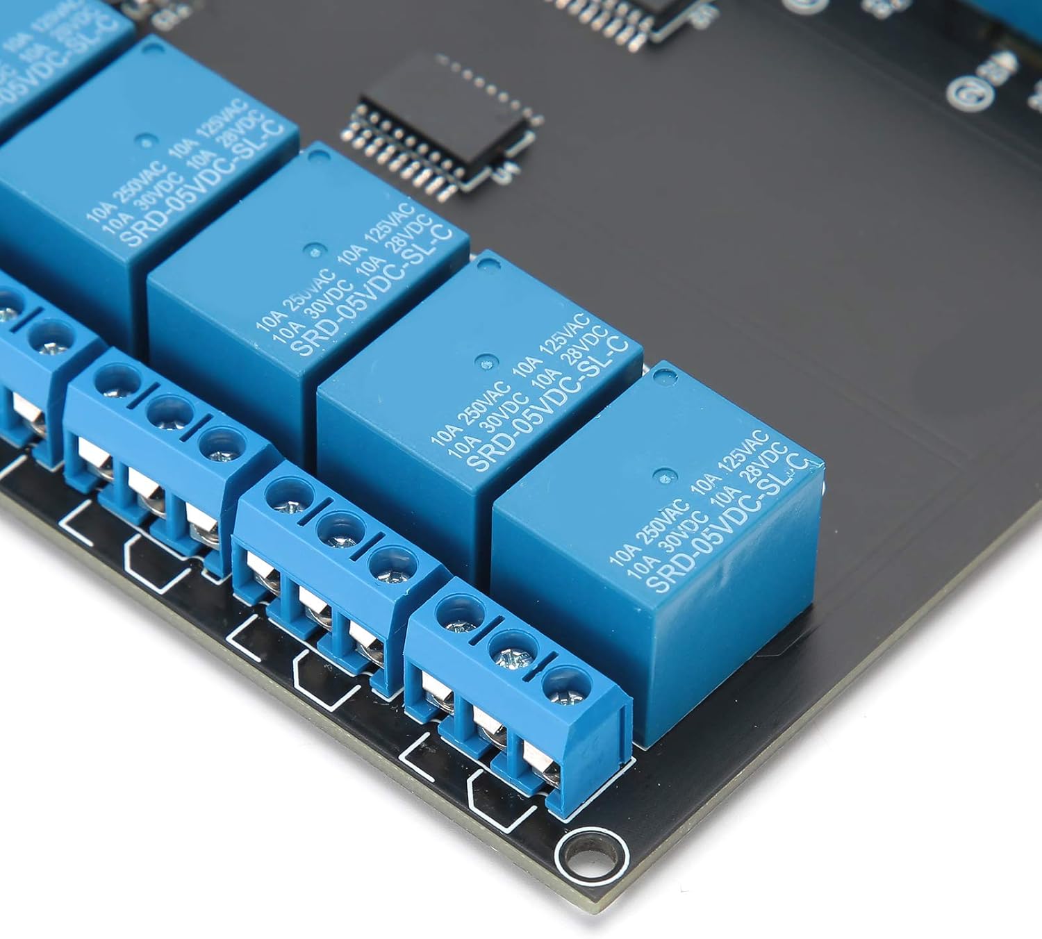 Close-up view of the relay terminals and USB port on the Pomya 16-Channel USB Opto-Isolated Relay Module.