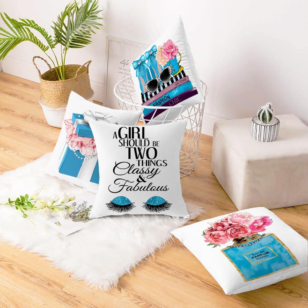 Set of 4 18x18 Blue Teal Throw Pillow Covers Fashion Soft Velvet Couch Bed Decorative Pillow Covers Pink Flower Perfume Words Eyelash Cute Accent Pillow Covers Teen Girls Bedroom Decor (Blue)