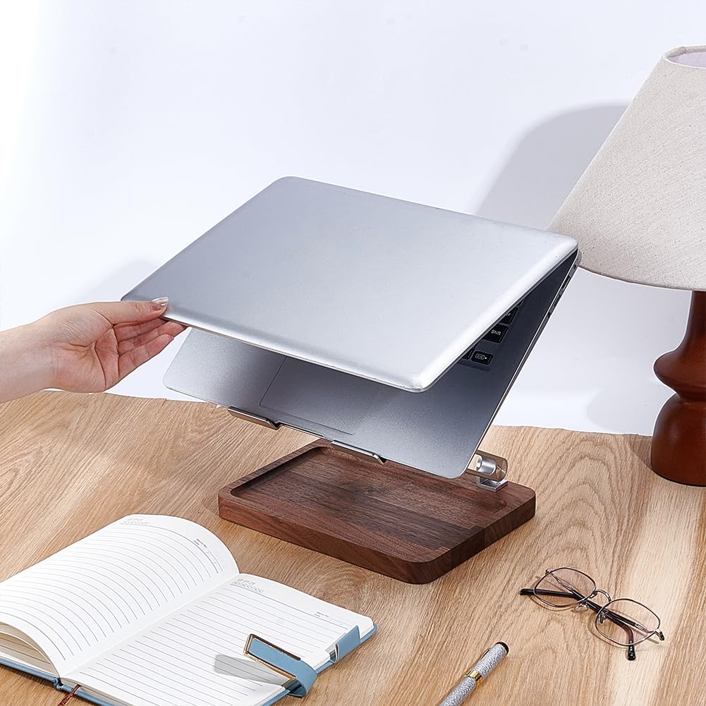UNICRAFTALE Supporto per computer portatile in legno per scrivania, rialzo regolabile in altezza e angolo con base di stoccaggio in noce supporto refrigerante cavo per computer portatile 10-17 pollici