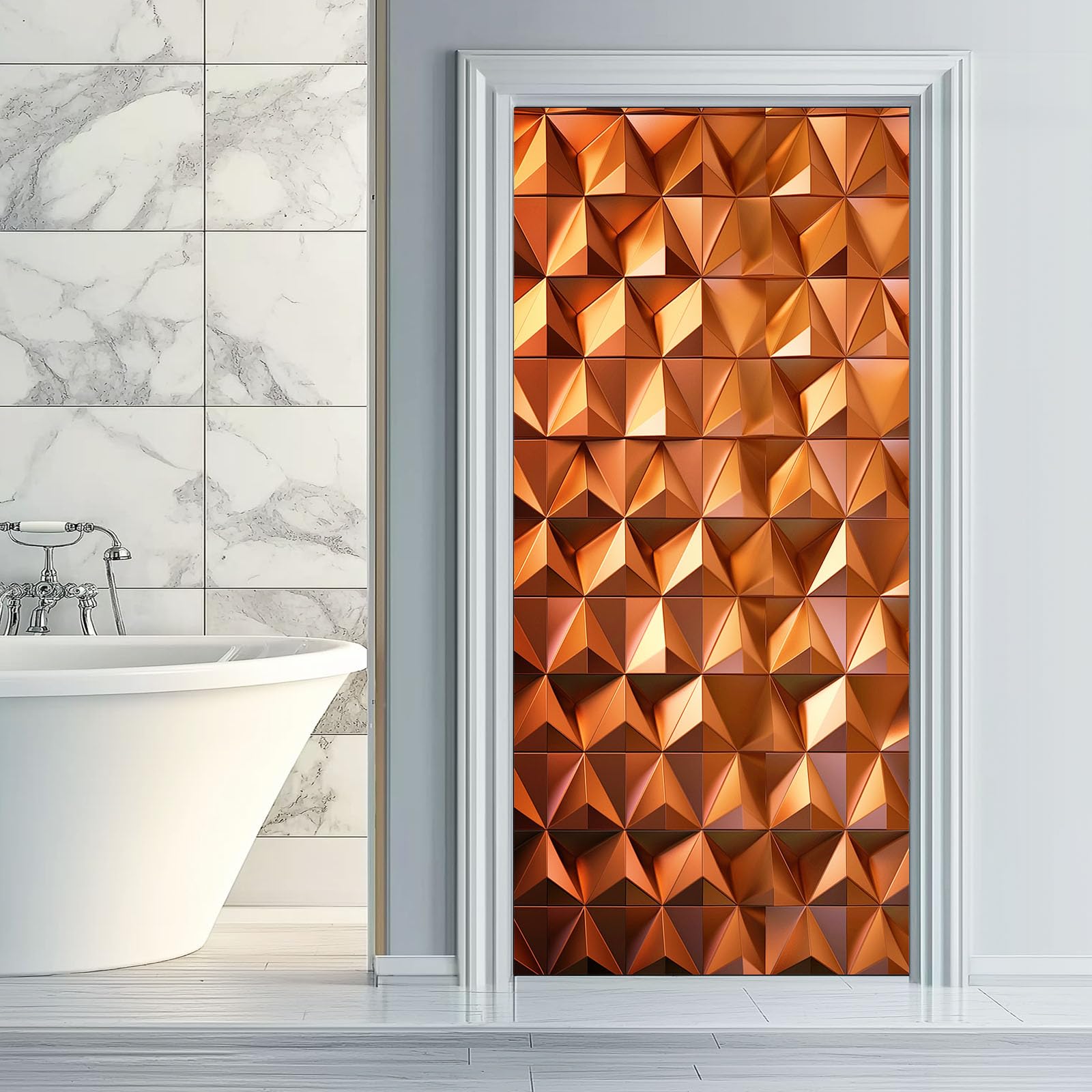 Proste geometryczne fototapety 3D na drzwi, samoprzylepne, metaliczne trójkąty 3D, sztuka, usuwalne murale, naklejki na drzwi, czerwono-brązowe naklejki z PCW do sypialni, łazienki, biura, 95 x 215 cm