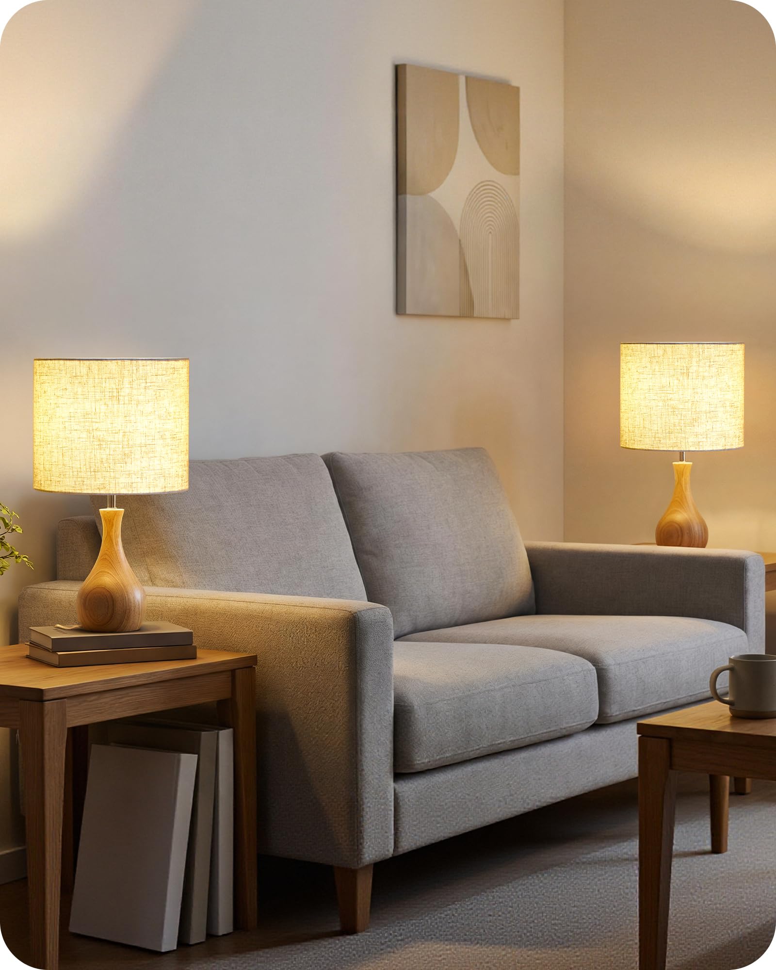 Nachttischlampe aus Holz 2er Set, Moderne Tischlampe Wohnzimmer, Beige Nachttischlampe mit Kabel, Fensterbank Lampe, E27 2700K Birne, für Schlafzimmer, Nachttisch, Hotel ZME09TLDP205