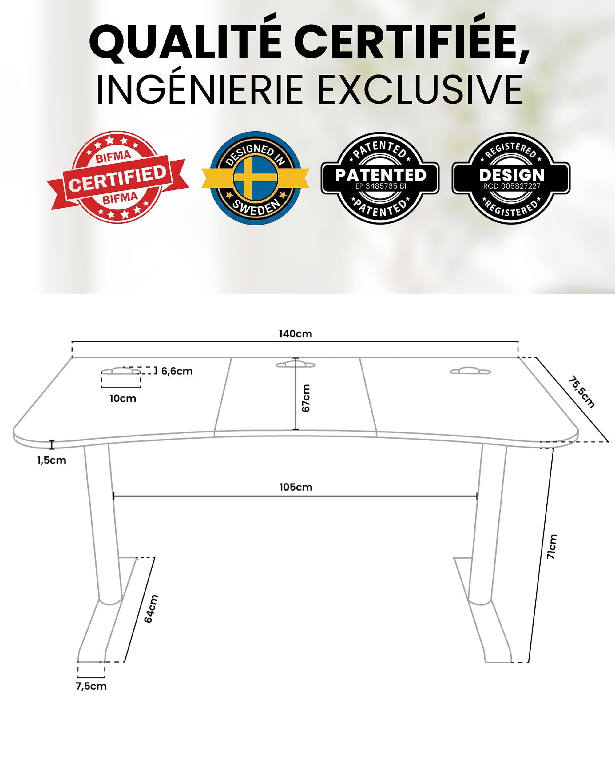 Bureau Gamer Arozzi Arena Medium - 140x76 cm - Bureau Gaming avec Cadre Acier, Rangement pour Câbles et Support Double Écran - Tapis de Souris Lavable Intégral - Noir Intense