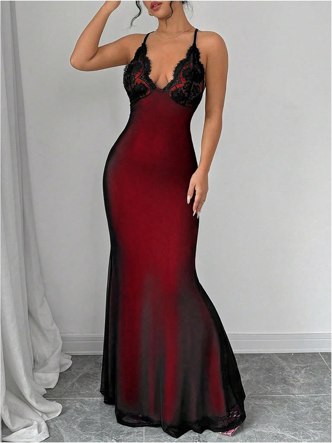 Verdusa Women's Lace Mesh Wedding Guest Dress Bodycon Criss Cross Backless Fishtail Maxi Cocktail Dresses
