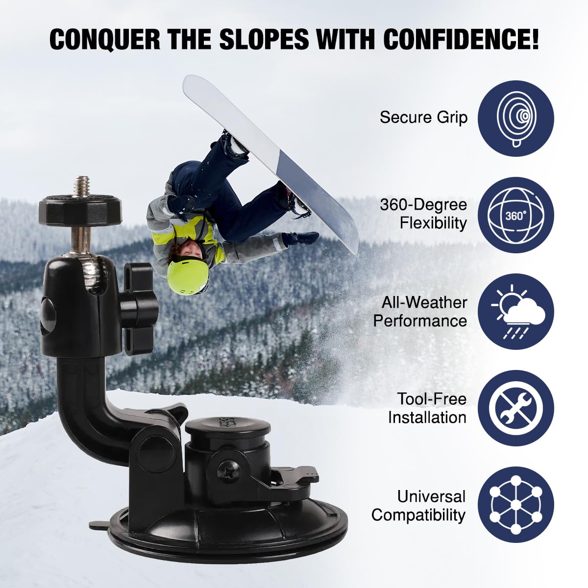 ProGrip Snowboard-Halterung für Action-Kameras, Insta360, GoPro, DJI, Sony, Akaso – kein Werkzeug erforderlich