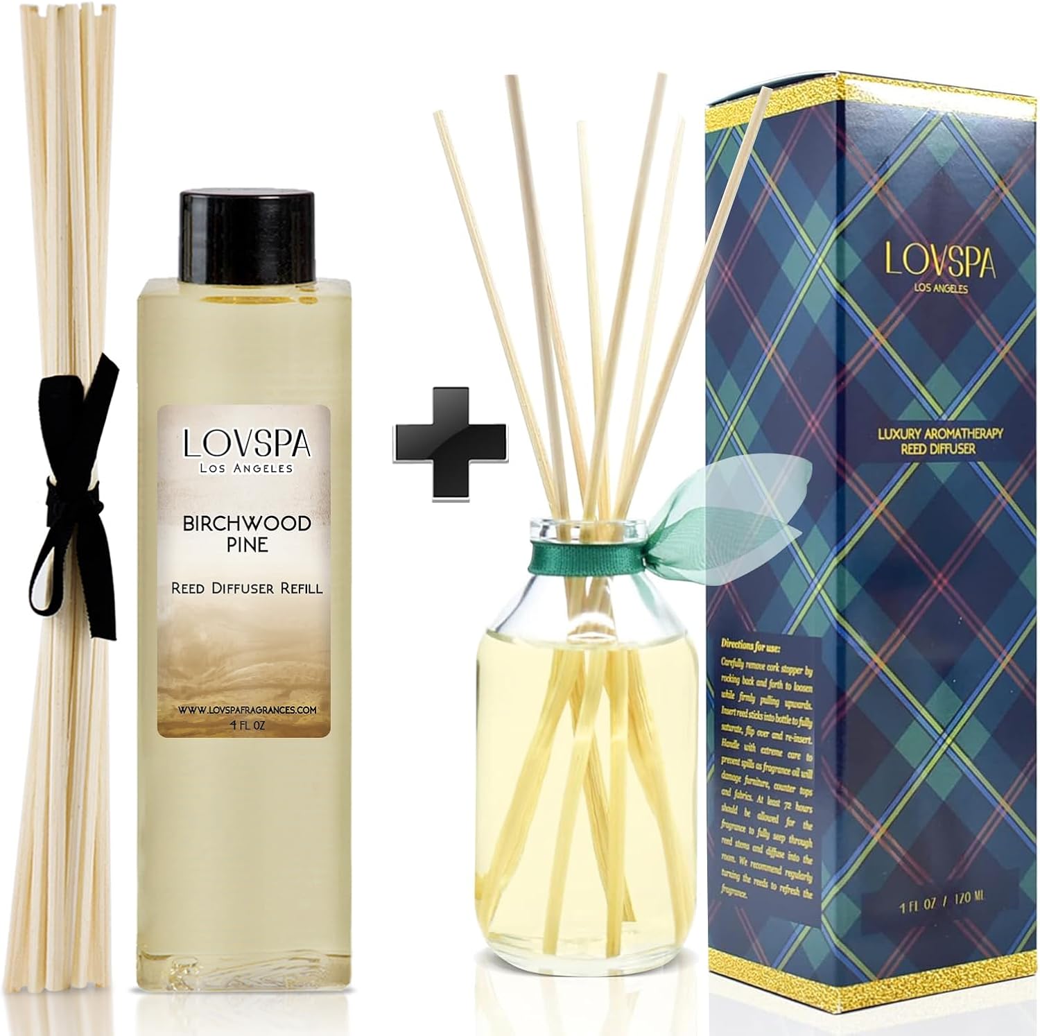 LOVSPA Birchwood Pine Reed Diffuser Refill, 4 oz, Bundle with Birchwood Pine Reed Diffuser Set - Made with Essential Oils in The USA