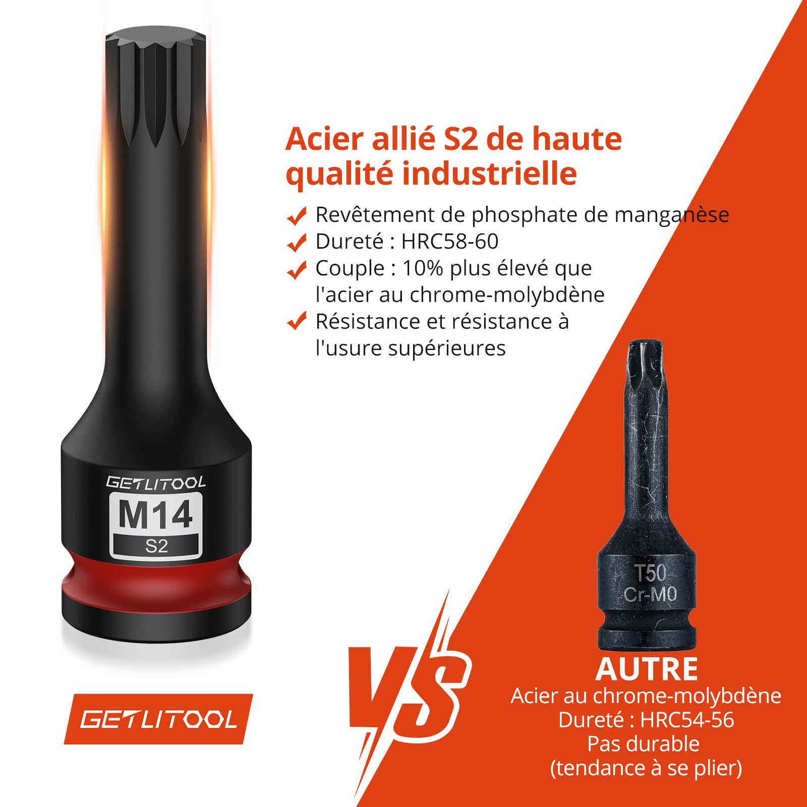 GETLITOOL Lot de 10 douilles à impact XZN en acier S2 triple carré, taille marquée et étui M5-M18 pour réparation automobile et entretien mécanique