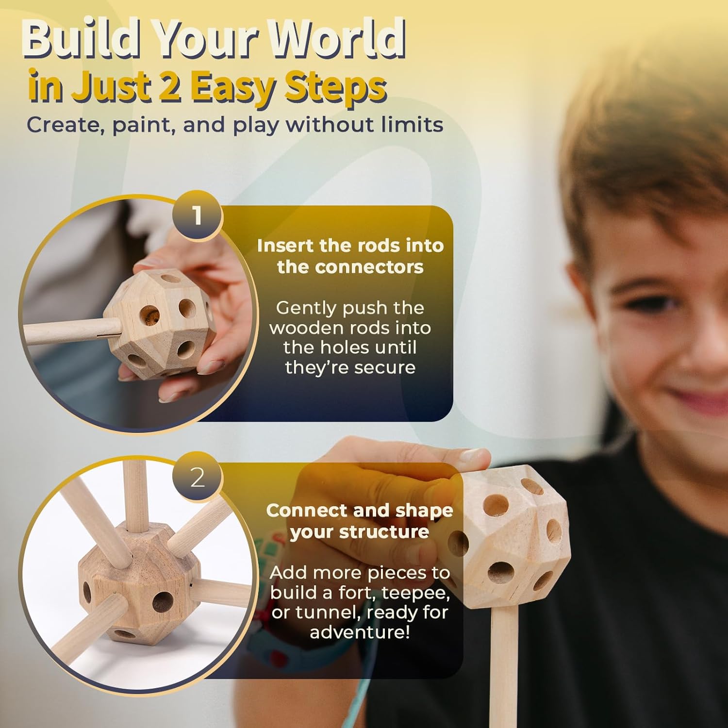 MIND KIDZ Wooden Fort Building Kit for Kids - STEM Montessori construction toy - 52 rods & 30 spheres, Eco-friendly play set for boys & girls