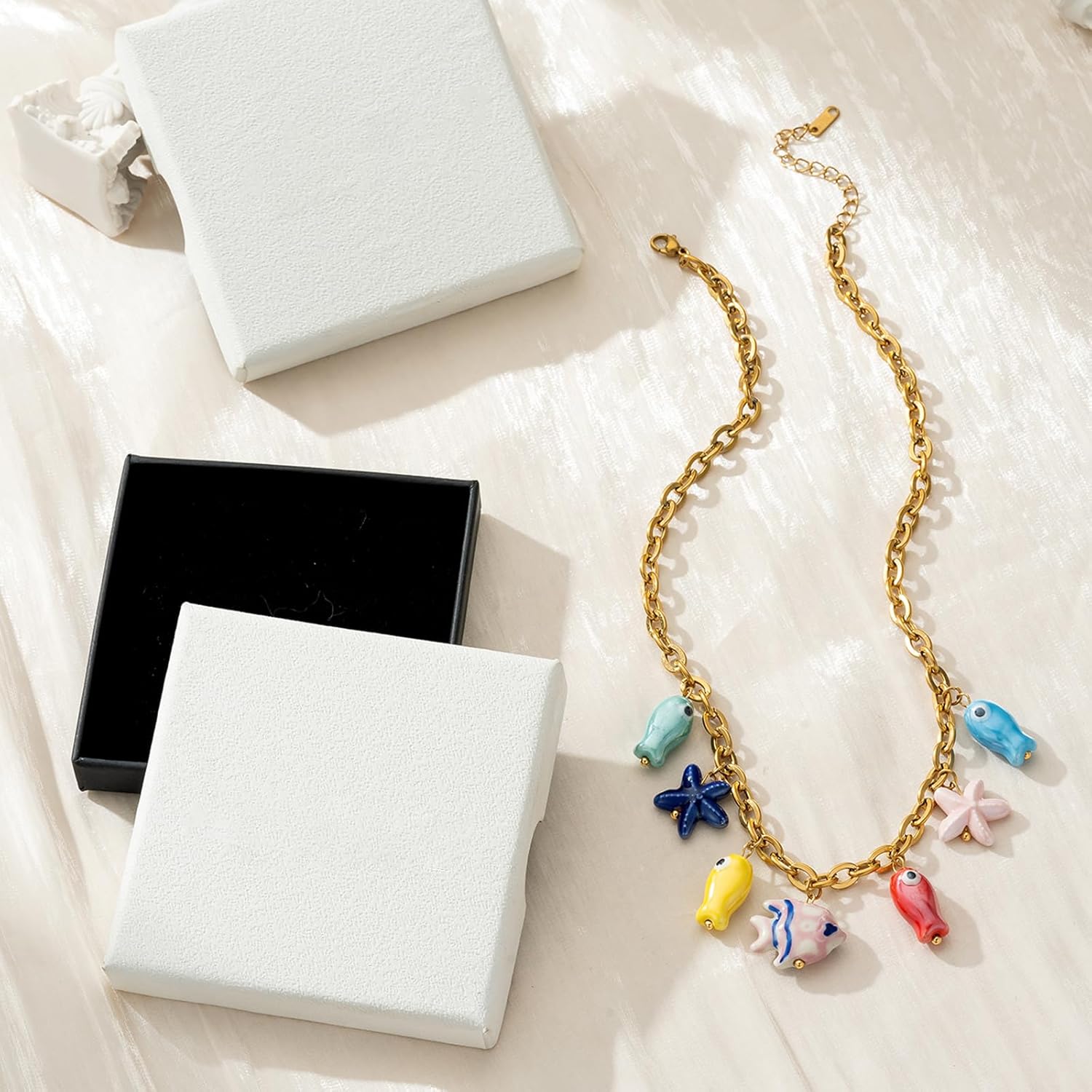 Charm Necklace for Women,Delicate Seashell Charms Stainless Steel Necklace for Women, Gold Chain with Tropical Fish, Starfish, Conch Cute Summber Beach Jewelry Gifts - Image 6