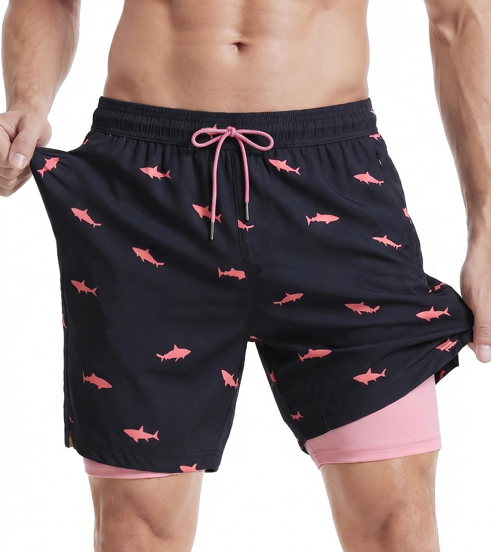 MaaMgic Herren-Badehose, bequeme Badeshorts, mit Kompression, 2-in-1, schnell trocknend, kurze Strandshorts, für Herren, mit Innenshorts, XS – XXL