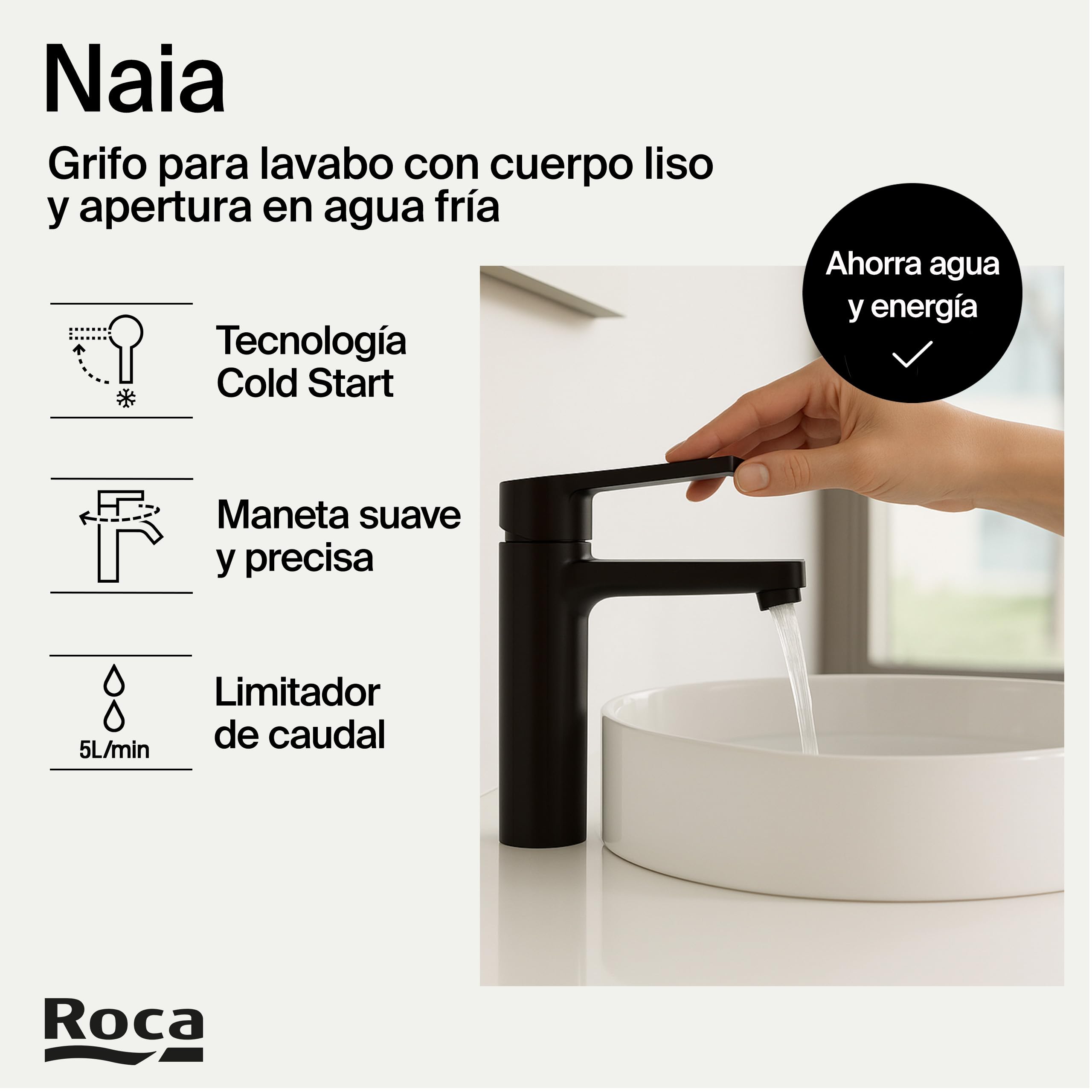 Roca Naia Grifería para lavabo con tecnología Cold Start, grifo monomando de repisa con enlaces de alimentación flexibles, mezclador de cuarto de baño de fácil instalación, negro titanio, A5A3A96CN0