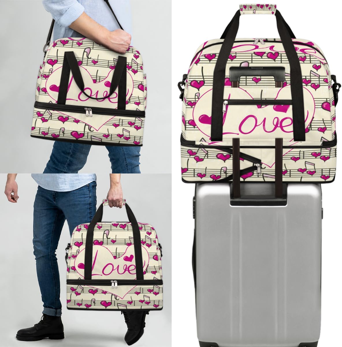 QsirBC Music Note Funny Pattern Gym Bag for Women Duffle Tote with Shoes Compartment Men Weekender Duffel for Dance Travel Sports Swimming Overnight