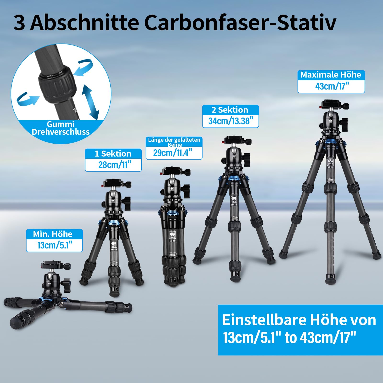 SIRUI AM-223 Carbon Mini Stativ,Klein kompaktes Kamerastativ, Tischstativ mit 360° Arca Swiss B-00K Kugelkopf für DSLR, Höhe zusammengeklappt 13cm, max. Höhe 43cm