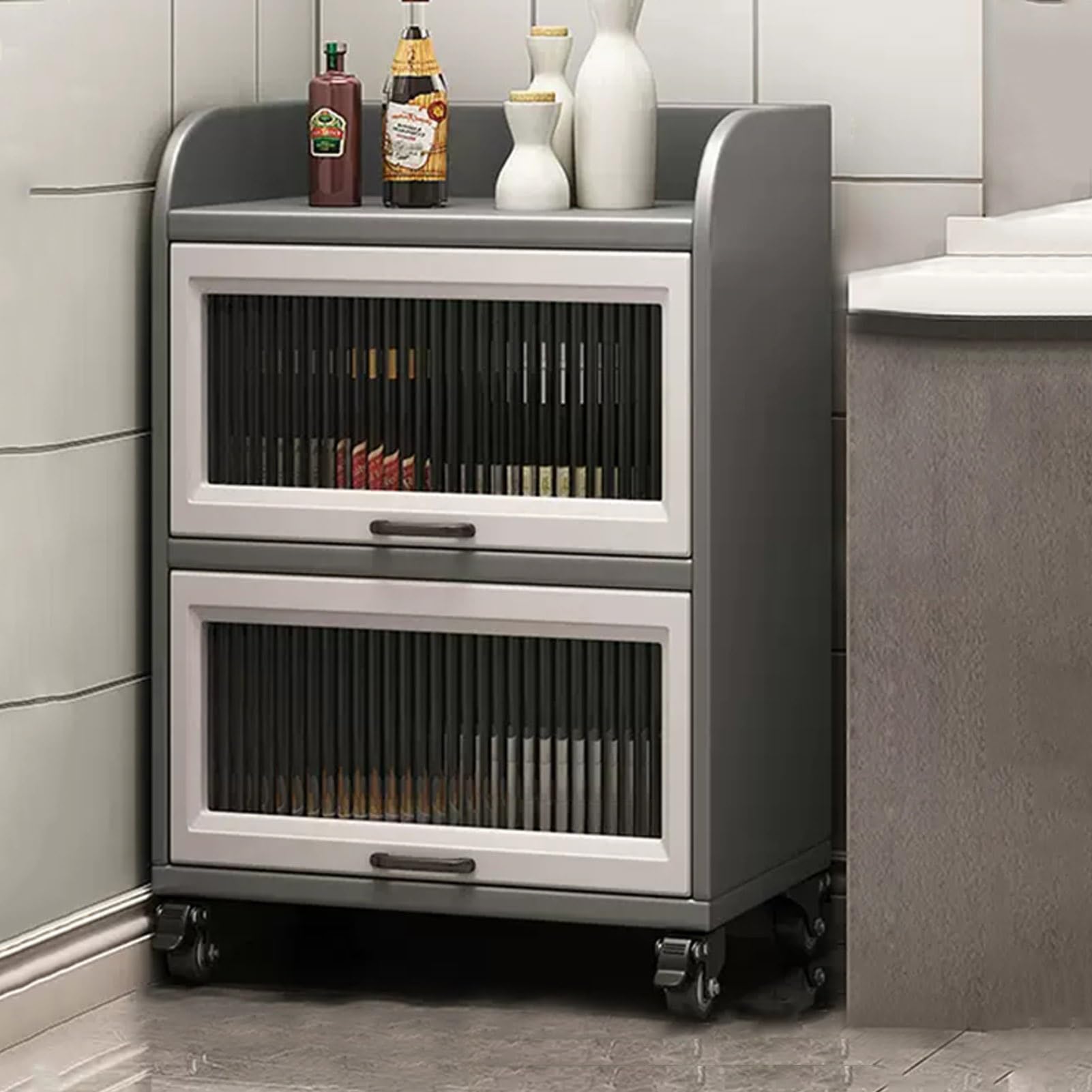 Étagère de cuisine gain de place pour micro-ondes avec grand buffet en bois sur roulettes