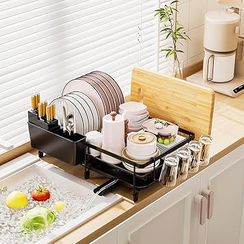 Dish Drying Rack,Expandable Dish Rack with Drainboard for Kitchen Counter,Carbon Steel Dish Drainer Utensil Holder,Rust Proof,Space Saving