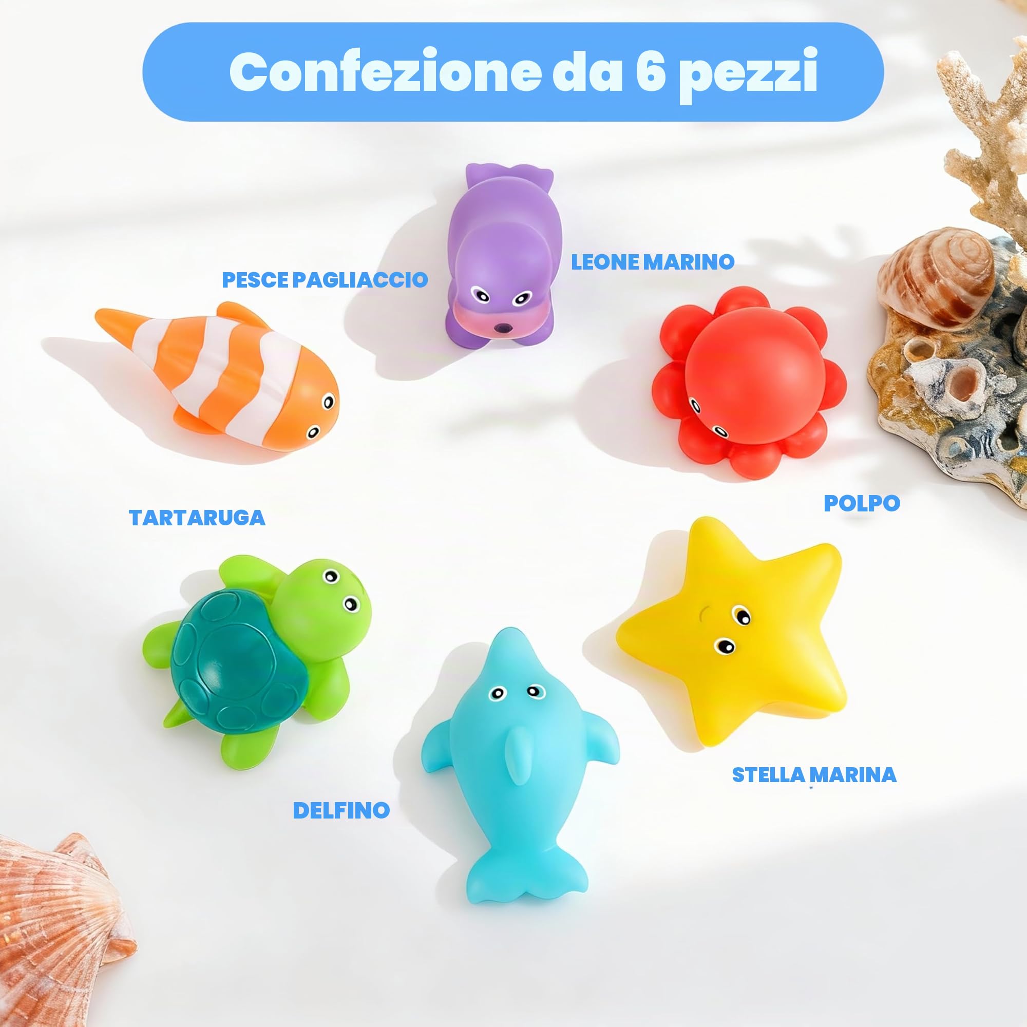 JOYIN - 6 Giocattoli da Bagno Animali Marini, Sigillati senza Fori & Antimuffa, Giocattoli d'Acqua Morbidi e Atossici per Bambini, Spremibili e Galleggianti, Ideali per Vasca e Piscina