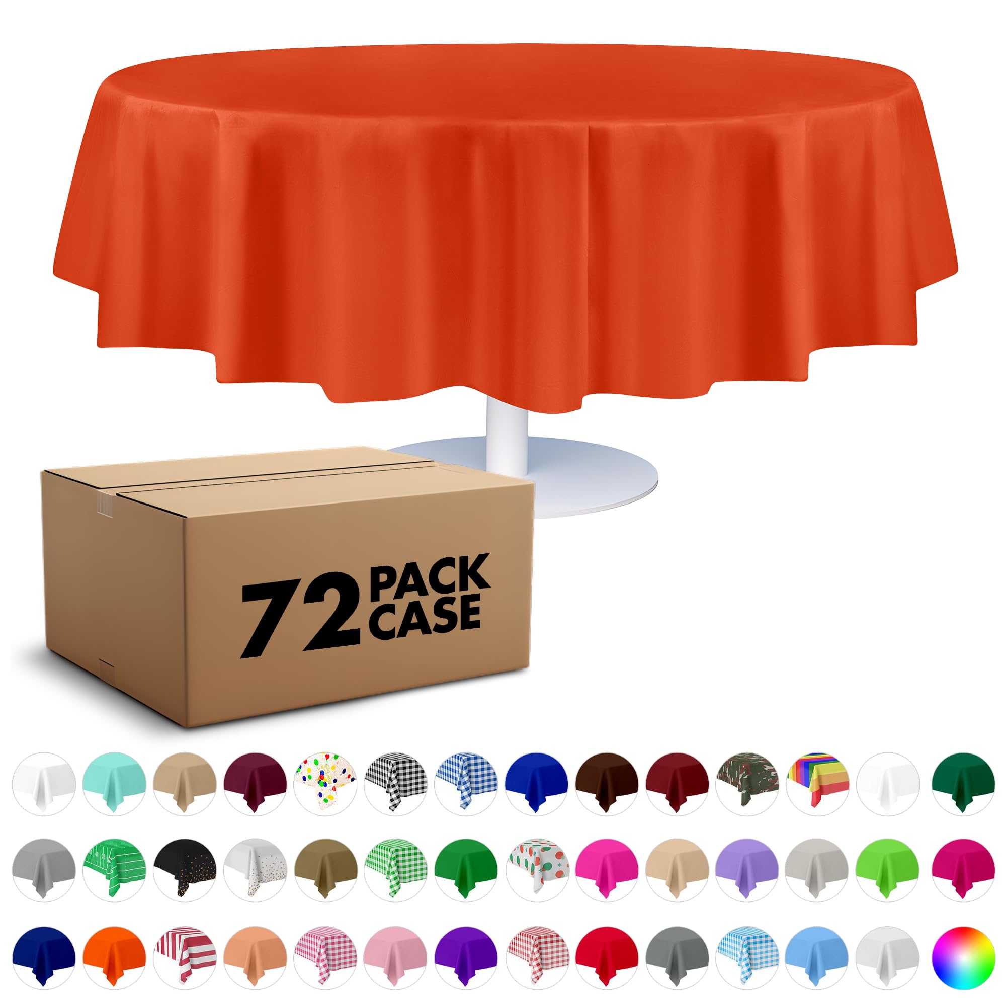 Grandipity Orange 72 Pack Premium Disposable Plastic Tablecloth 84" Inch Decorative Round Table Cover