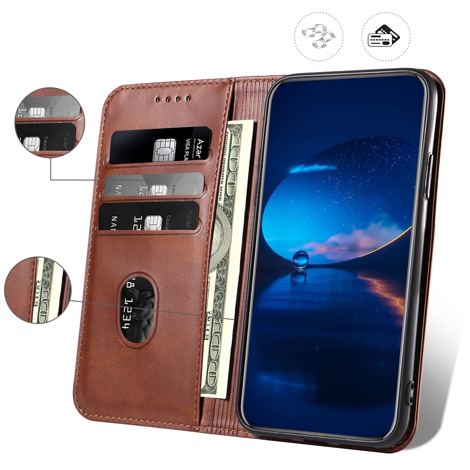 Case for Galaxy A23 4G / Galaxy A23 5G / Galaxy M23 5G, Classic PU Leather Magnetic Wallet Case, Flip Folio Protective Phone Cover Compatible with Samsung Galaxy A23 / F23 5G, Brown — view 3