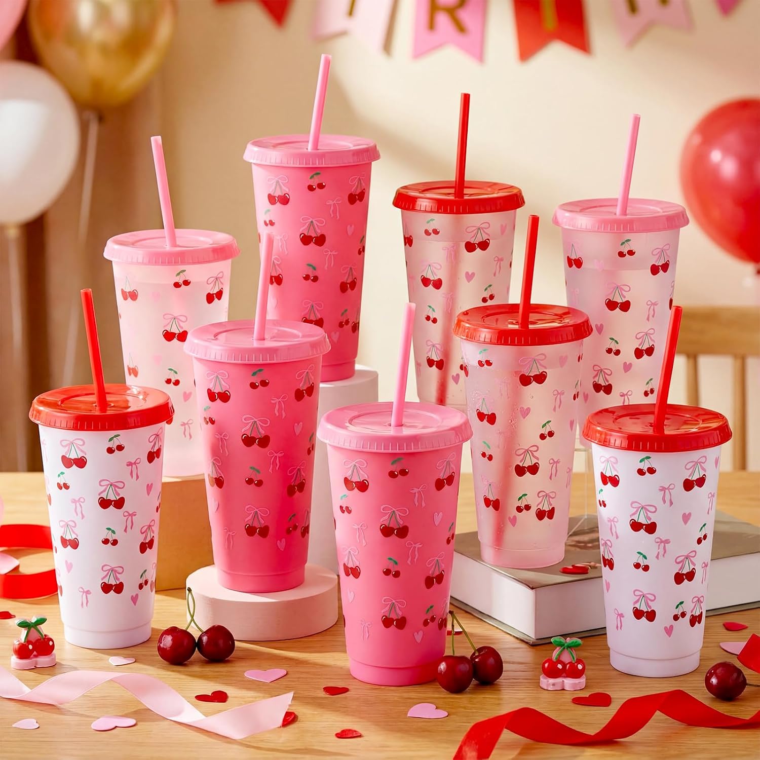 Skylety 12 Pcs Pink Bow Cherry Plastic Tumbler with Lids and Straws 24 oz Reusable Coquette Bow Plastic Tumbler Ice Drinking Cold Cup for Birthday Bridal Shower Wedding Party Supplies (Multicolor)