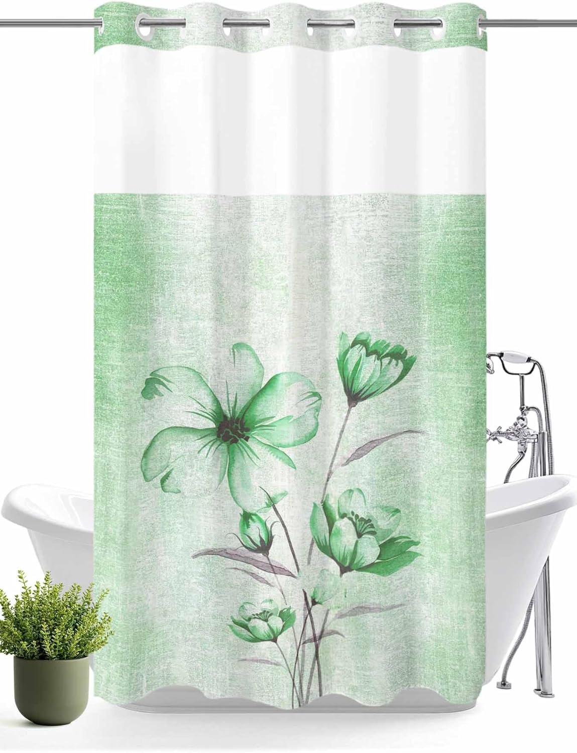 Floral Shower Curtain with Snap in Liner Abstract Ombre Green Flowers No Hook Waterproof Inner Liner Shower Curtain for Bathroom See Through Top Window Bath Curtain 36"x72"