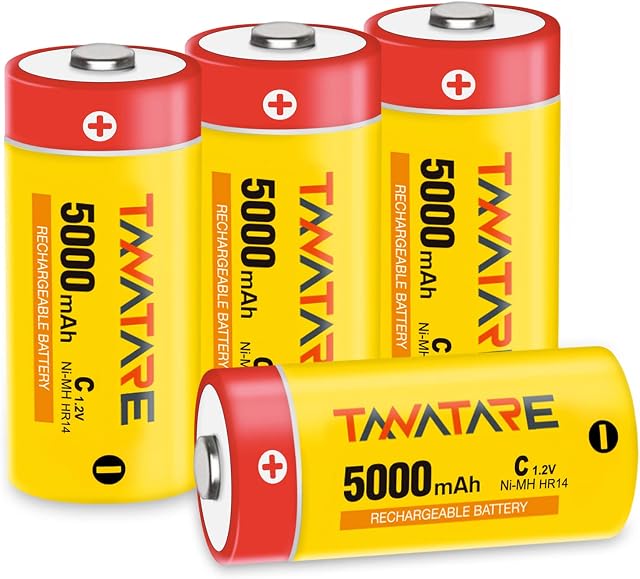 Tanatare Rechargeable C Batteries, 5000mAh Batteries, NiMH, 1.2V, Low Self Discharge, Pack of 4