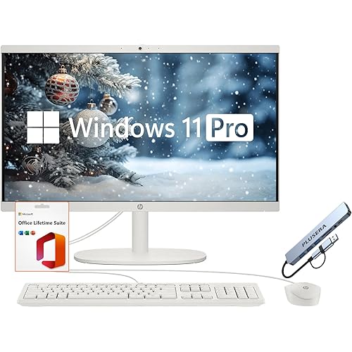 HP 21.5" FHD All-in-One Desktop Computer, Dual-Core Intel Celeron, Windows 11 Pro with Microsoft Office Lifetime Suite, Keyboard & Mouse (White, 32GB RAM | 1.2TB Storage)