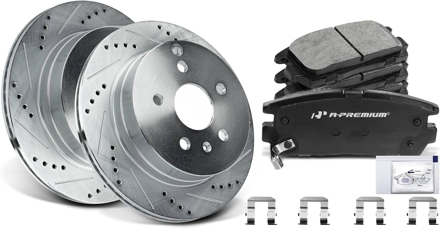 A-Premium 11.93 inch (303mm) Rear Drilled and Slotted Disc Brake Rotors + Ceramic Pads Kit Compatible with Select Chevy and GMC Models - Equinox/Terrain 2010 2011 2012 2013 2014 2015 2016 2017