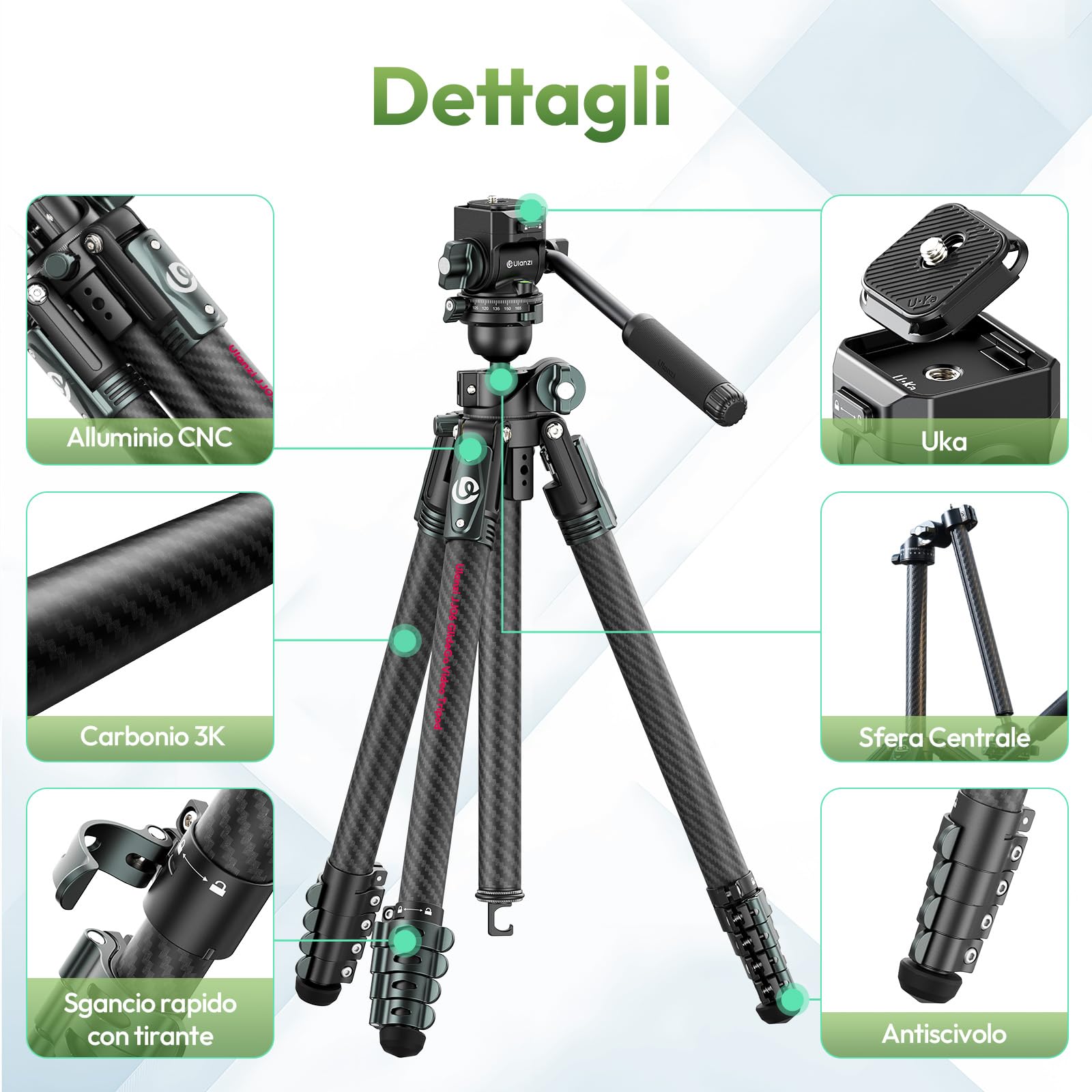 Ulanzi JJ06 GlideGo Treppiede da viaggio in Fibra di Carbonio, Pan&-50°/+60° Tilt Pan, Pesa 1.76kg, Portata 18kg, Altezza 187cm, Uka quick release, Compatto cavalletto fotografico per DSLR/Mirrorless