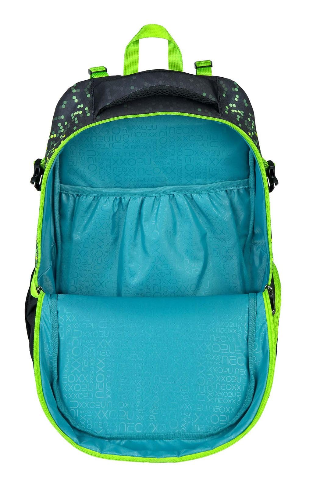 neoxx Schulrucksack ACTIVE Pro - aus recycelten PET-Flaschen - Rucksack für die Schule mit 3 Fächern + Geheimfach – höhenverstellbare und gepolsterte Träger – Volumen ca. 26 Liter