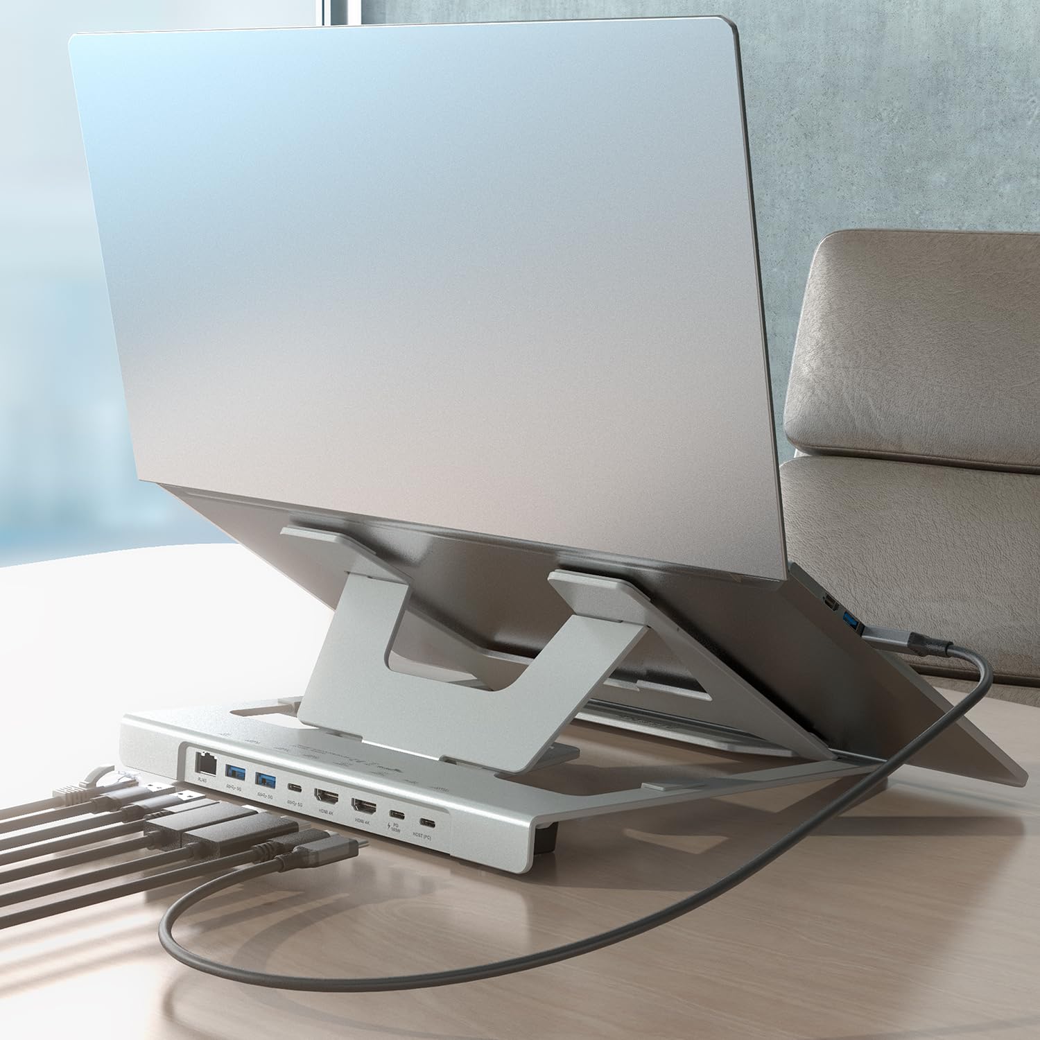AISENS - ASUC-7P046-GR - Regulowany uchwyt na laptopa/tablet z USB-C Docking 7 w 1, szary
