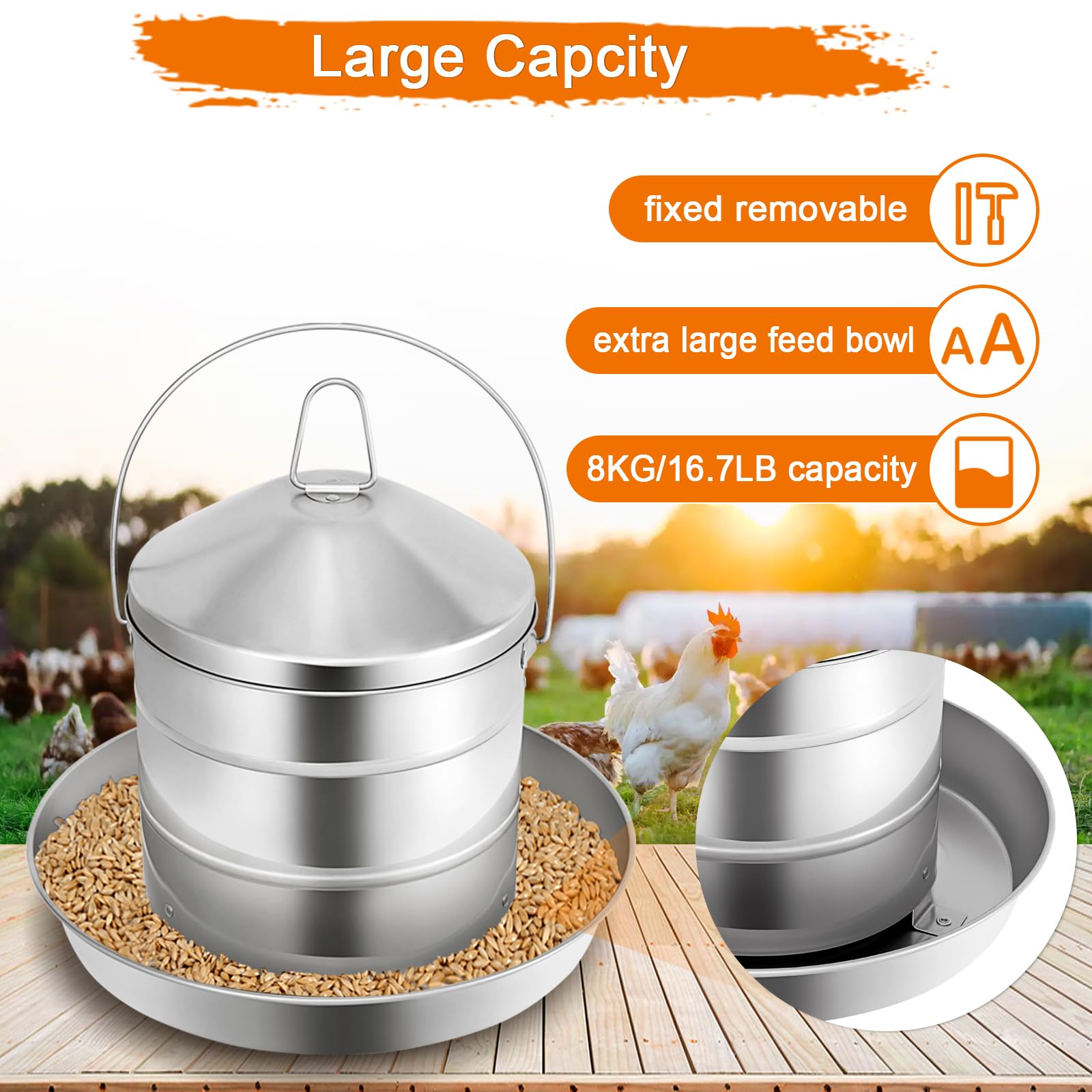 RYFT Comedero automático para pollos de 8 kg, comedero de acero inoxidable para aves de corral, grosor resistente, 0,9 mm, con asa, relleno superior, duradero y resistente a la corrosión