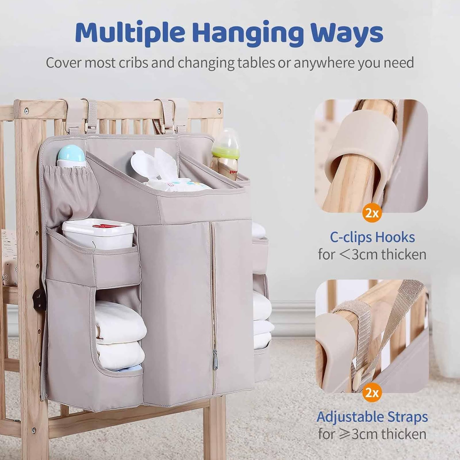 Organizadores colgantes para cuna de bebé, 6 compartimentos, bolsillo grande con cremallera, tela resistente, solución de almacenamiento ajustable para cuna