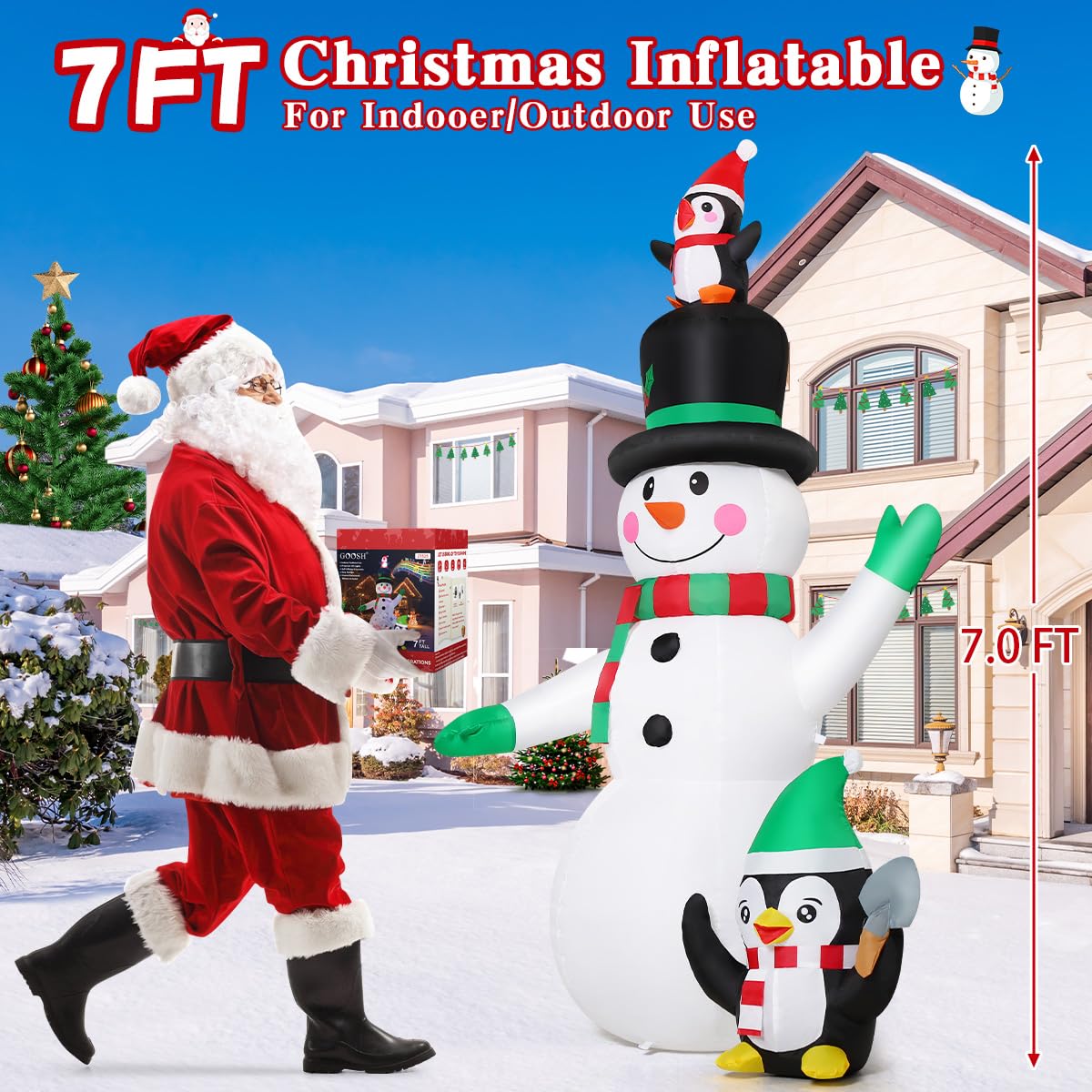GOOSH Bonhomme de neige gonflable et pingouins de Noël de 2,1 m - Décoration extérieure - Bonhomme de neige souriant et pingouin mignon avec LED intégrées pour décoration intérieure, fête, jardin,