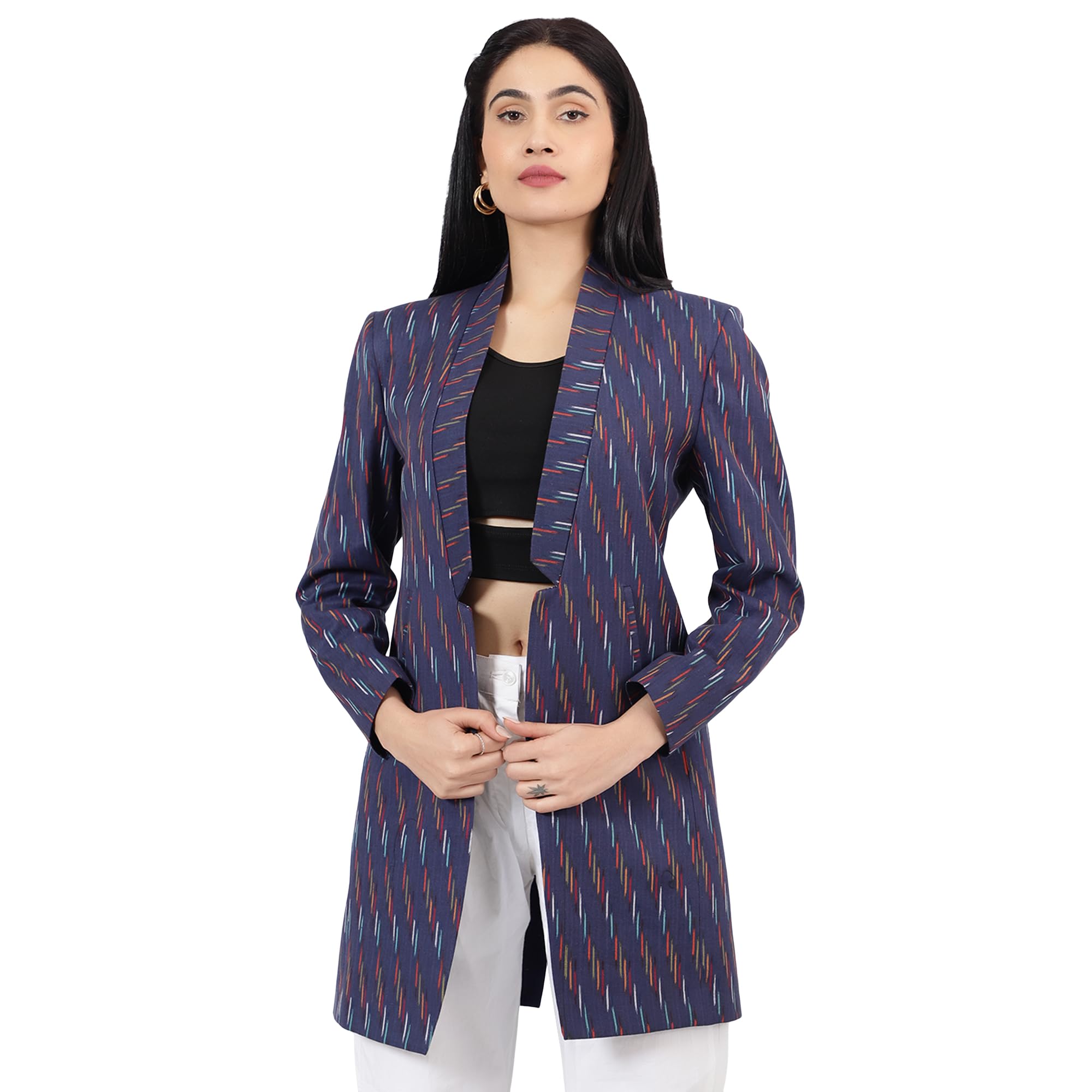 indophilia Womens Ikat Blue Cotton Blazer-picture-47