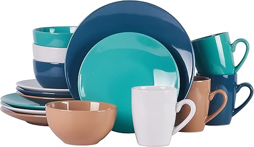 HomeVss, Color Wave - Juego de vajilla de gres de 16 piezas, pintura de tierra con colores mezclados de blanco, beige, turquesa y azul oscuro